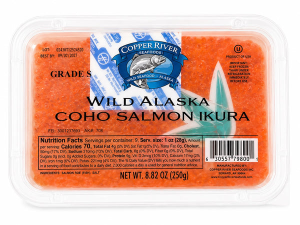 Copper River Wild Alaska Coho Salmon Ikura, glossy orange-red salmon roe