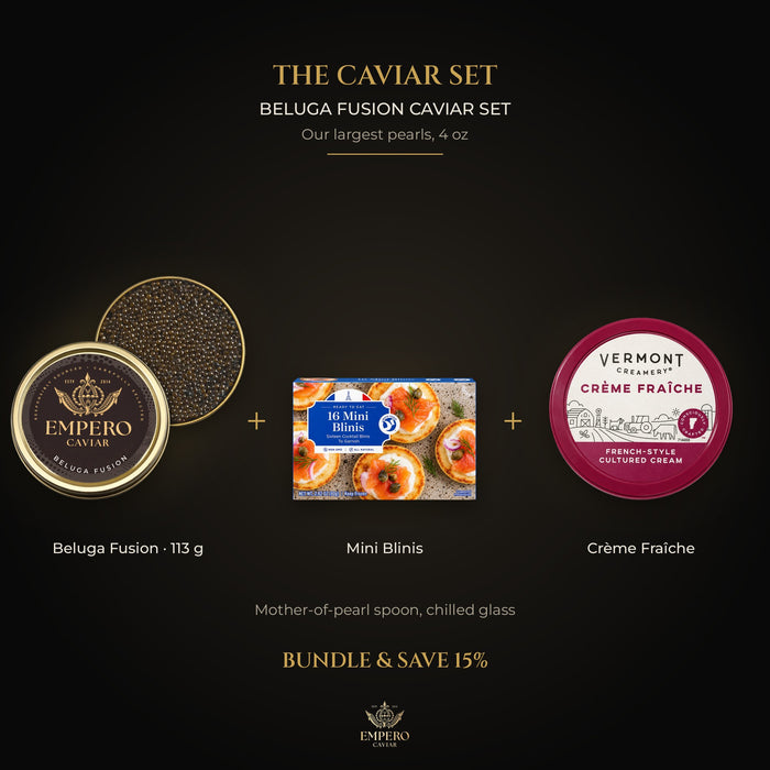 Beluga Fusion Caviar Set: Beluga Fusion Caviar, White Toque 16 Mini Blinis, Vermont Creamery Crème Fraîche – caviar set, 15% off