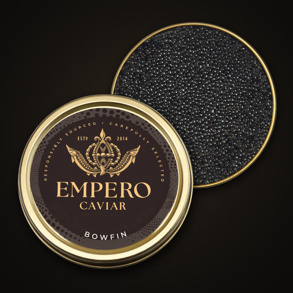 Bowfin Caviar — Empero Caviar tin with the lid off, showing the pearls