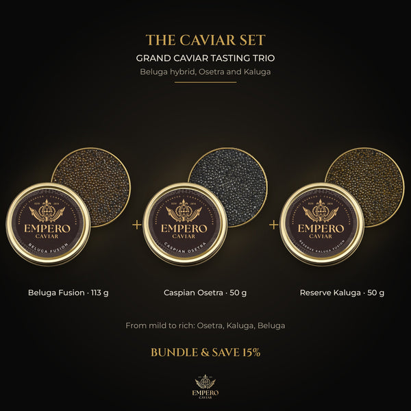Grand Caviar Tasting Trio: Beluga Fusion Caviar, Caspian Osetra Caviar, Empero Reserve Kaluga Fusion Caviar – caviar set, 15% off