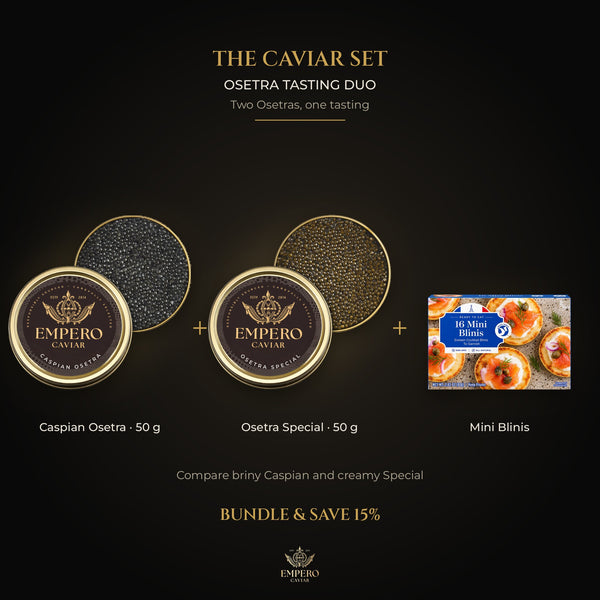 Osetra Tasting Duo: Caspian Osetra Caviar, Osetra Special Caviar, White Toque 16 Mini Blinis – caviar set, 15% off
