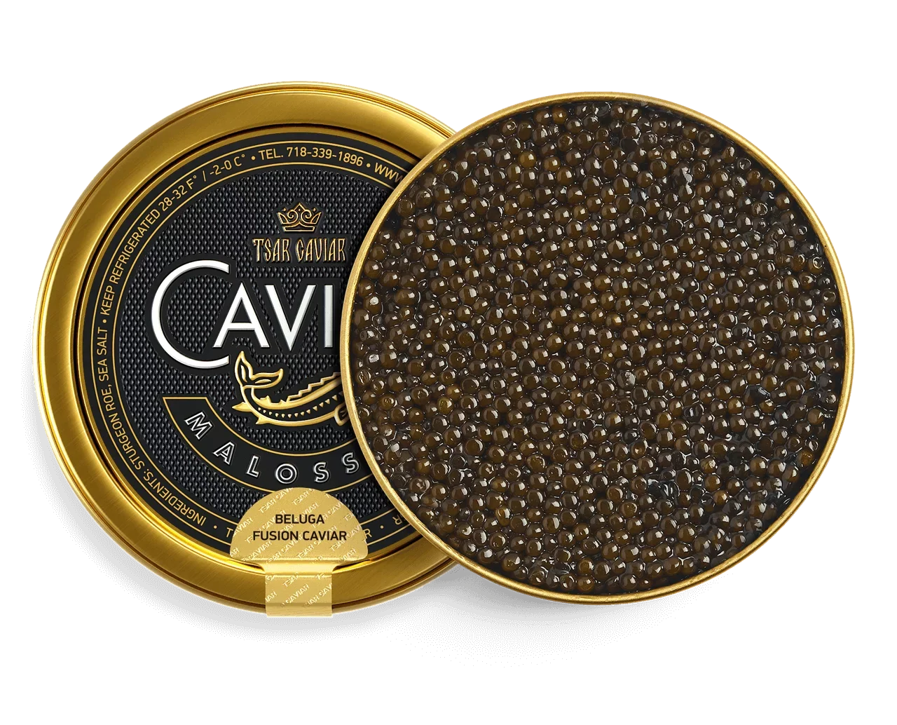 Beluga Fusion Caviar tin, large light-to-dark grey sturgeon caviar pearls