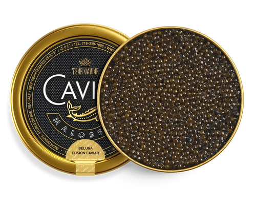 Beluga Fusion Caviar tin, large light-to-dark grey sturgeon caviar pearls