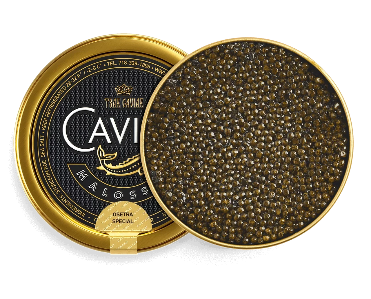 Osetra Special Caviar tin, medium amber sturgeon caviar pearls
