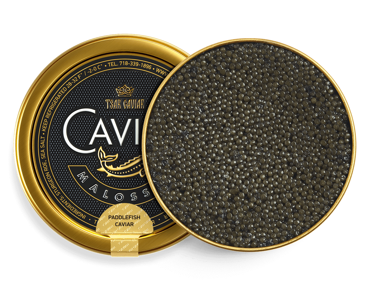 Paddlefish Caviar tin, medium grayish caviar pearls
