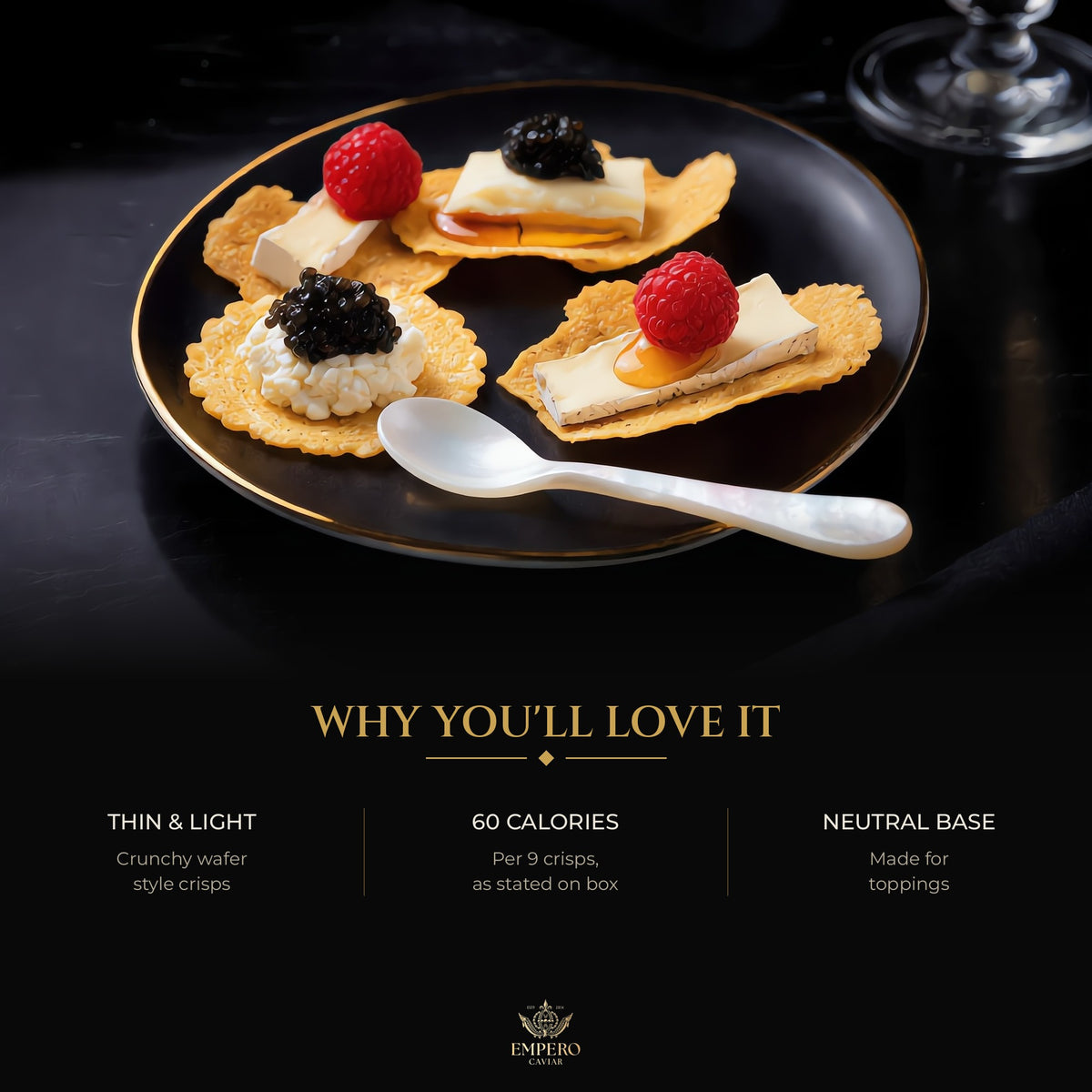 Original crisps with caviar and raspberries – a neutral base for toppings