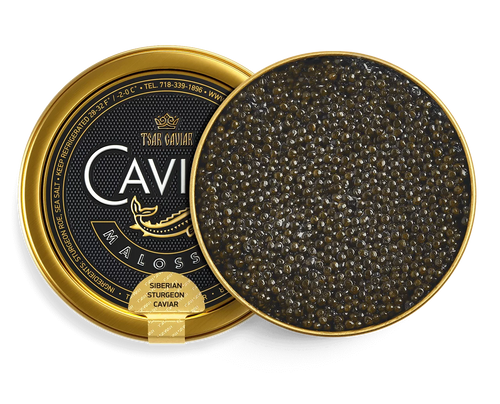 Baerii Sturgeon Caviar tin, golden brown to dark grey caviar pearls