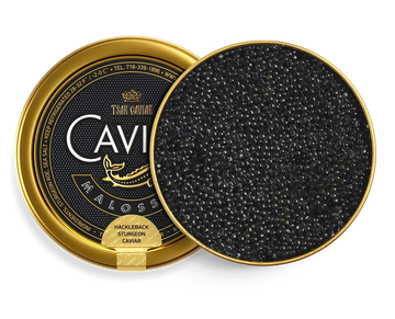 Hackleback Caviar tin, dark grey sturgeon caviar pearls with silvery sheen