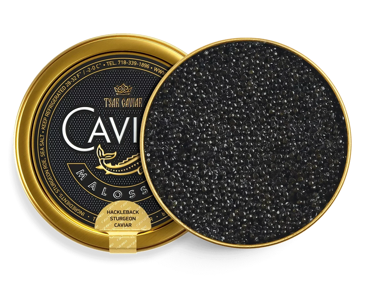 Hackleback Caviar tin, dark grey sturgeon caviar pearls with silvery sheen