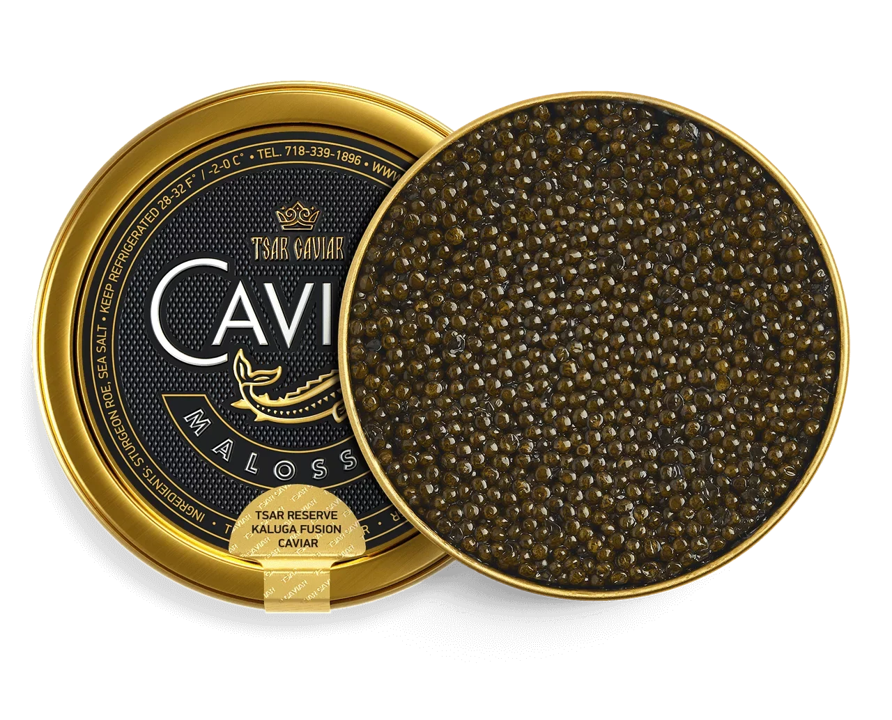 Empero Reserve Kaluga Fusion Caviar tin, large deep olive sturgeon caviar pearls