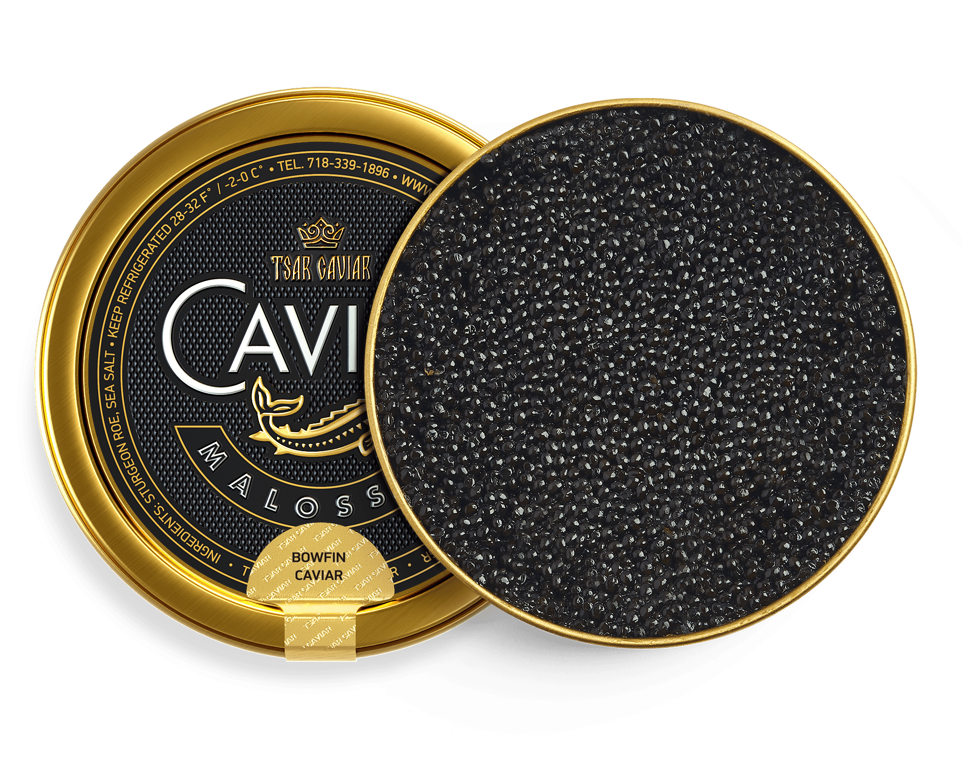 Bowfin Caviar tin, small brownish to jet-black caviar pearls
