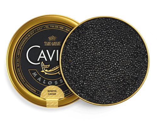 Bowfin Caviar tin, small brownish to jet-black caviar pearls