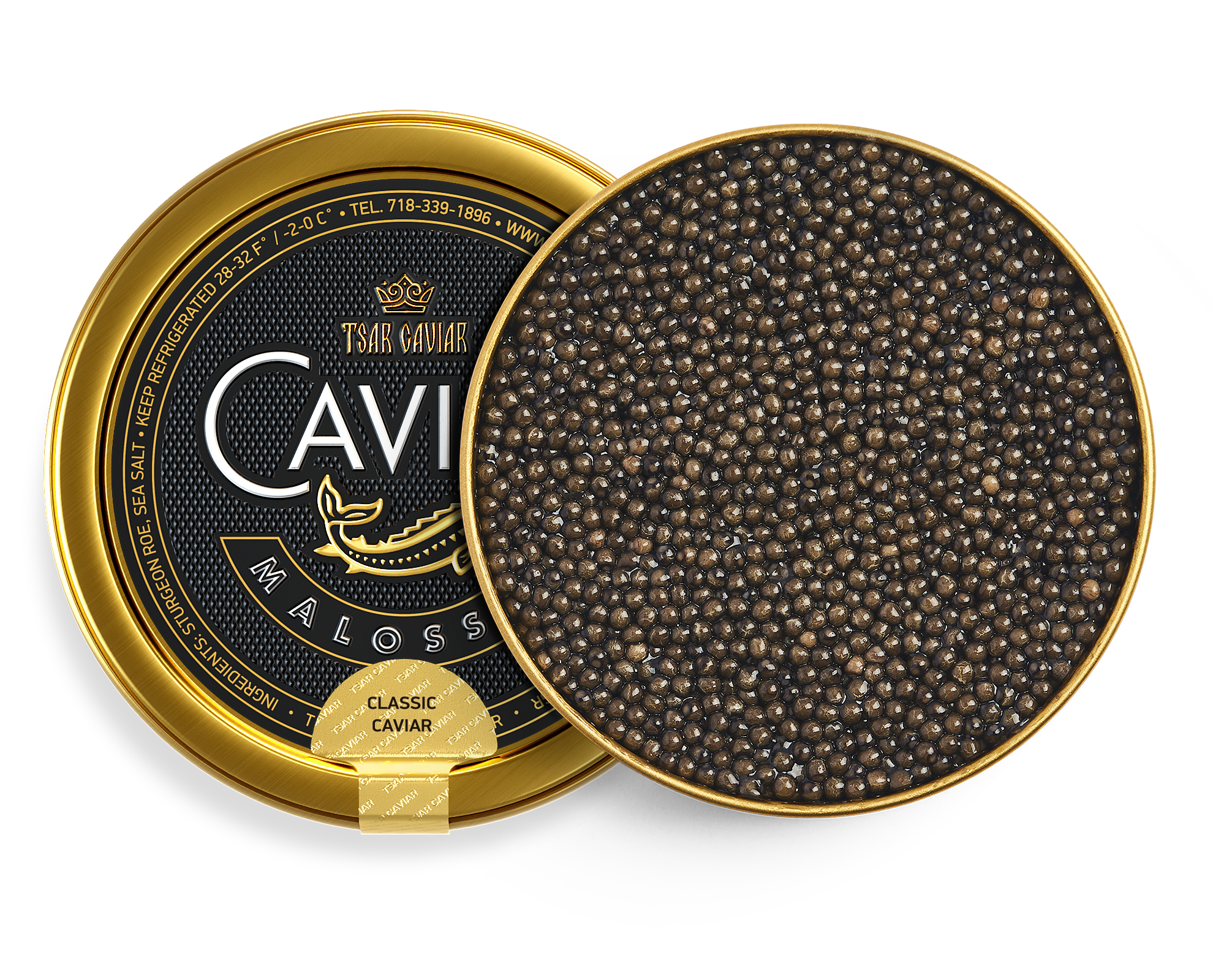 Baerii Sturgeon Classic Caviar tin, dark brown to dark olive caviar pearls