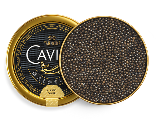 Baerii Sturgeon Classic Caviar tin, dark brown to dark olive caviar pearls