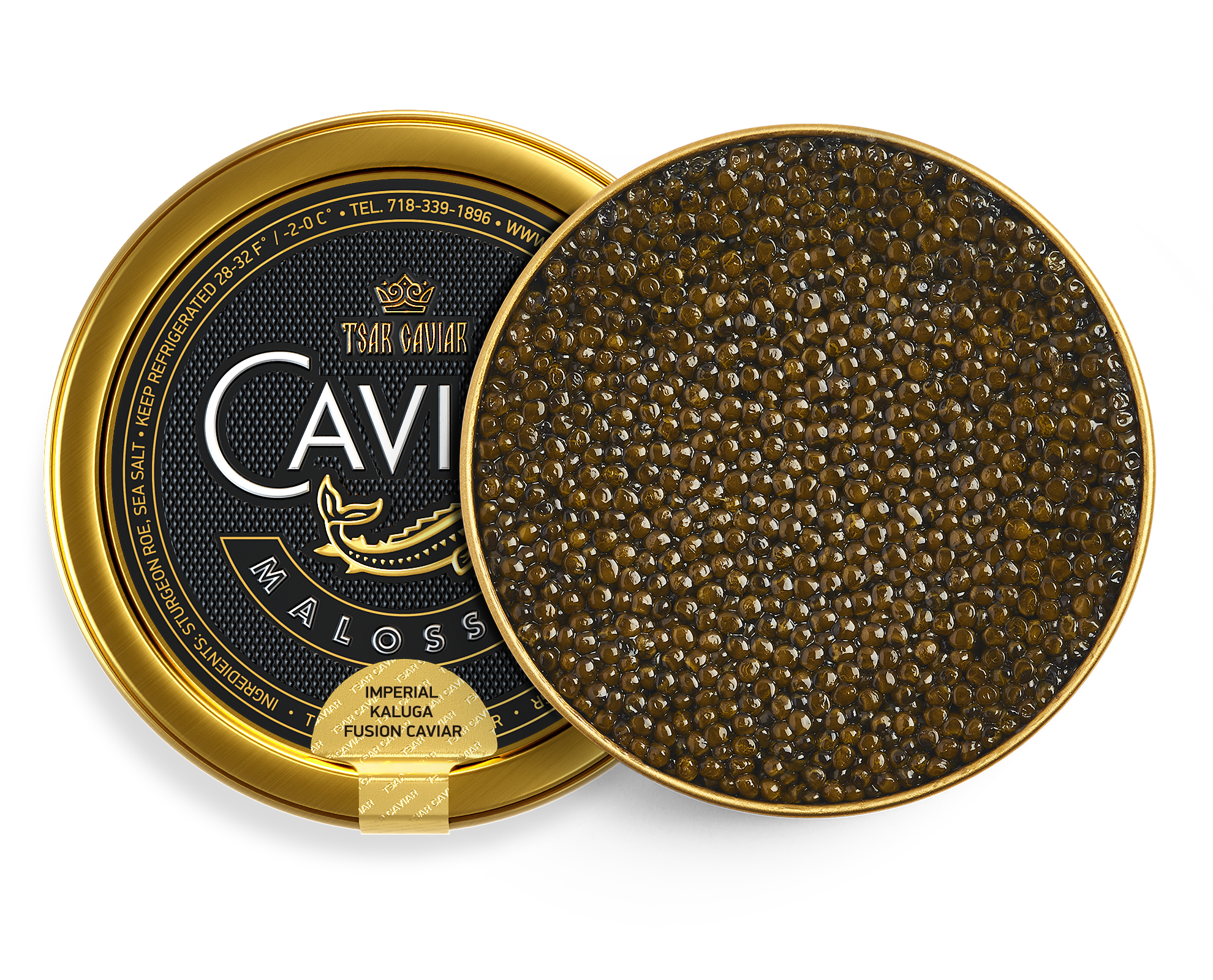 Imperial Kaluga Fusion Caviar tin, large brown sturgeon caviar pearls