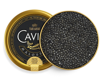 Caspian Osetra Caviar tin, firm dark grey sturgeon caviar pearls