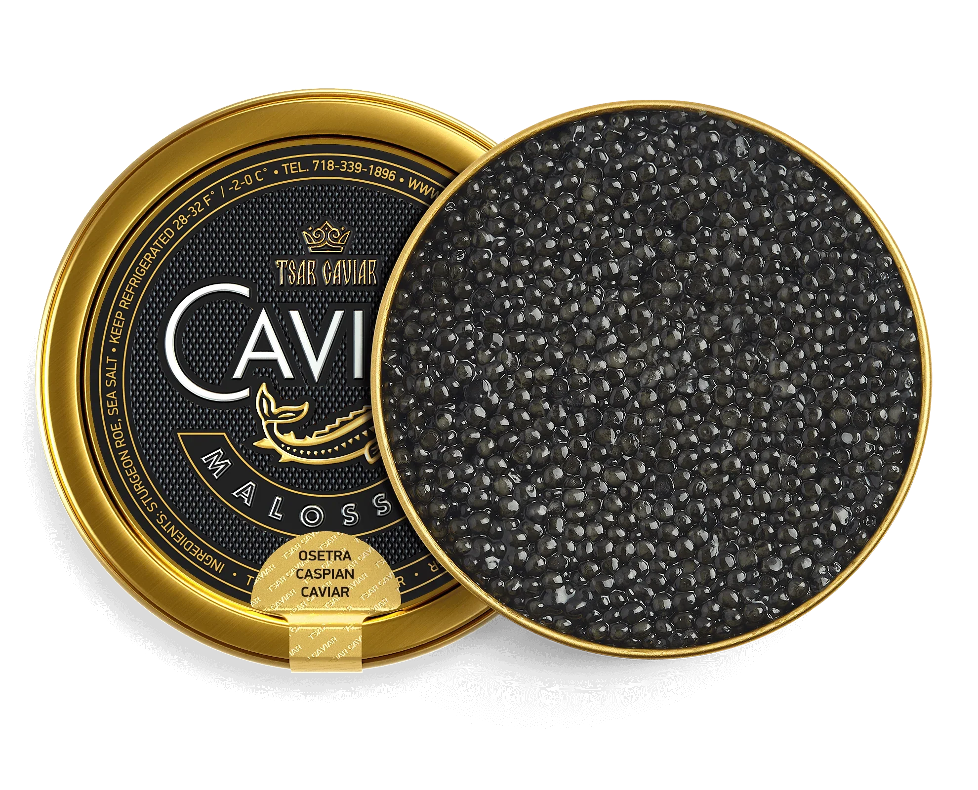 Caspian Osetra Caviar tin, firm dark grey sturgeon caviar pearls