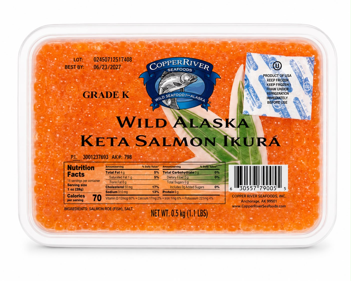 Wild Alaska Keta Salmon Ikura, large glossy orange salmon roe