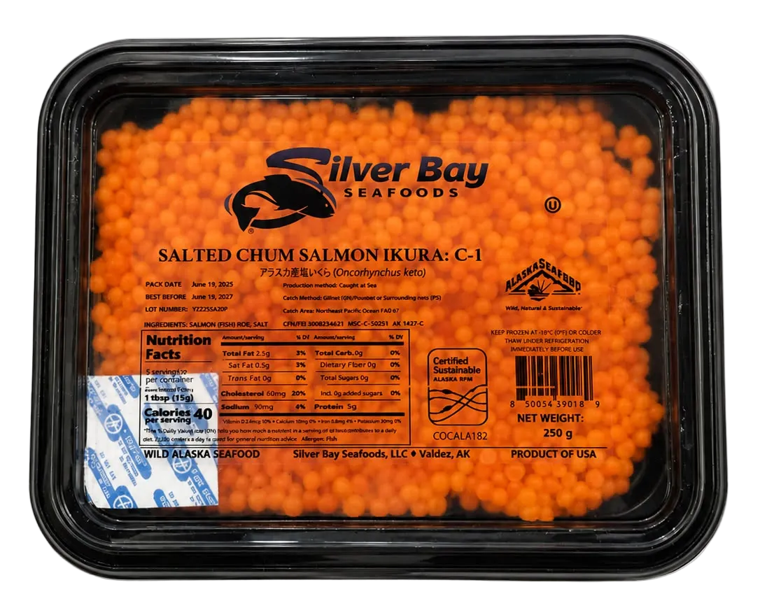 Silver Bay Salted Chum Salmon Roe C-1, sunset orange salmon roe from Sitka Alaska