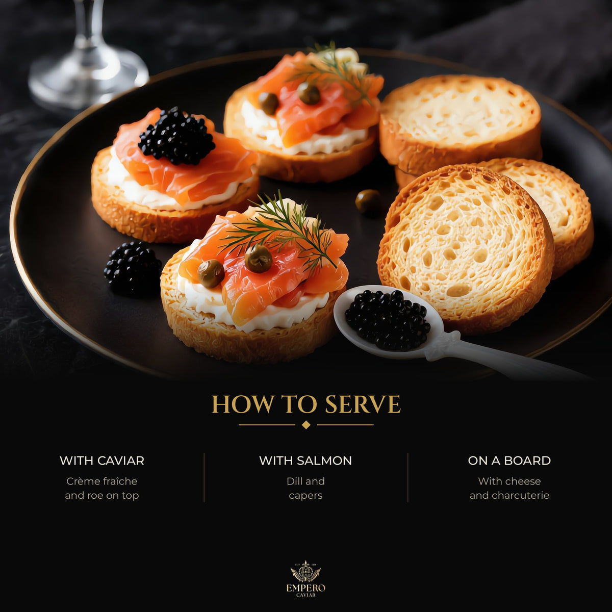 How to serve mini toasts with caviar, smoked salmon and on a board