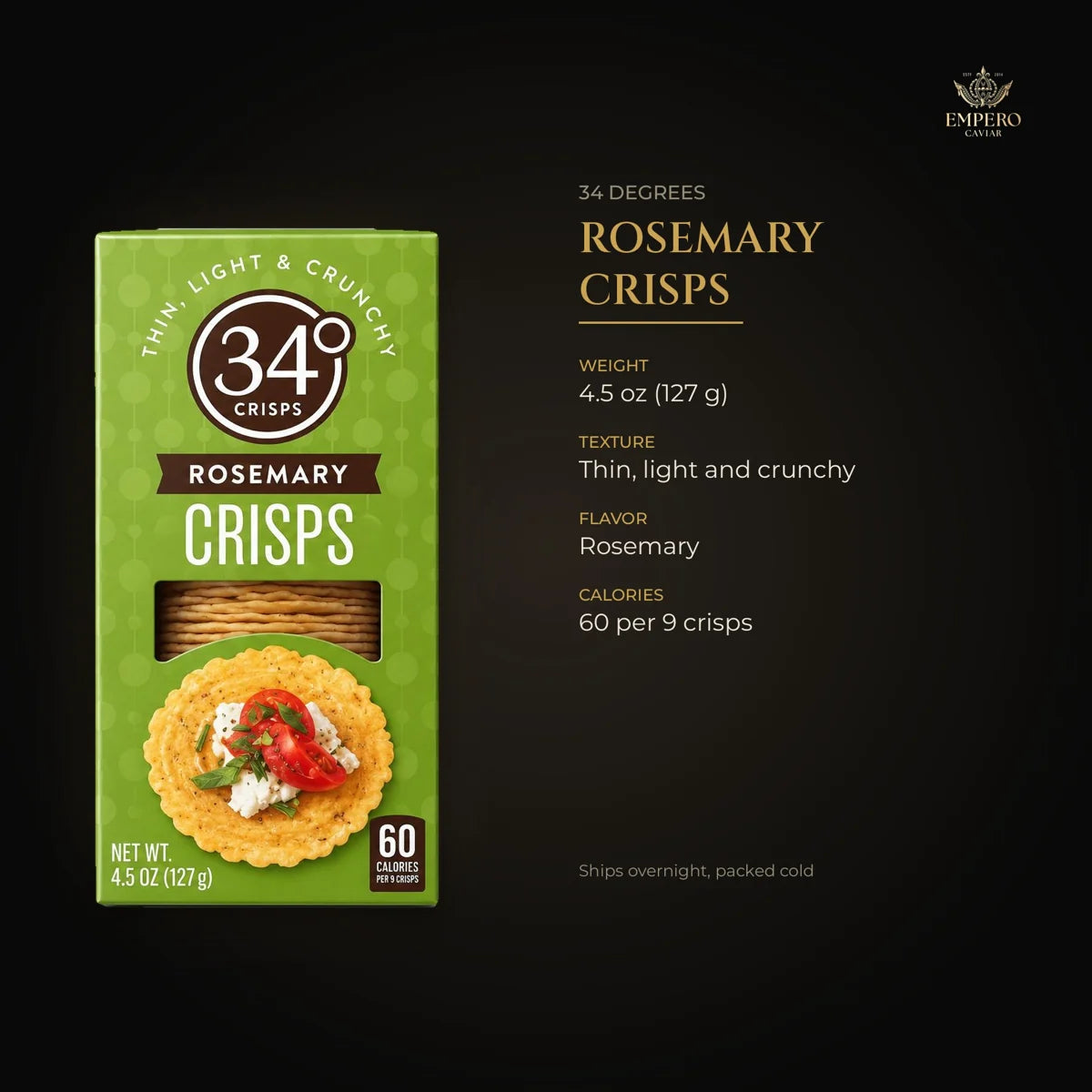 34 Degrees Rosemary Crisps – thin, light and crunchy, 60 calories per 9 crisps