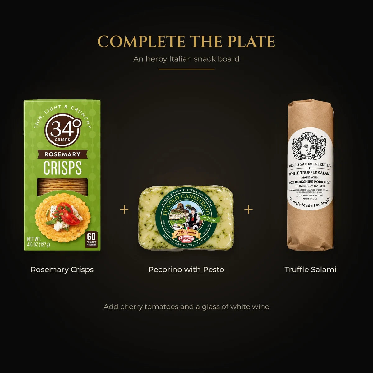 Italian snack board: rosemary crisps, pecorino with pesto and truffle salami