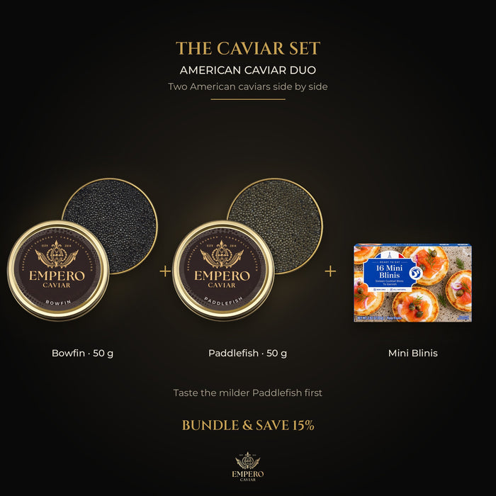 American Caviar Duo: Bowfin Caviar, Paddlefish Caviar, White Toque 16 Mini Blinis – caviar set, 15% off
