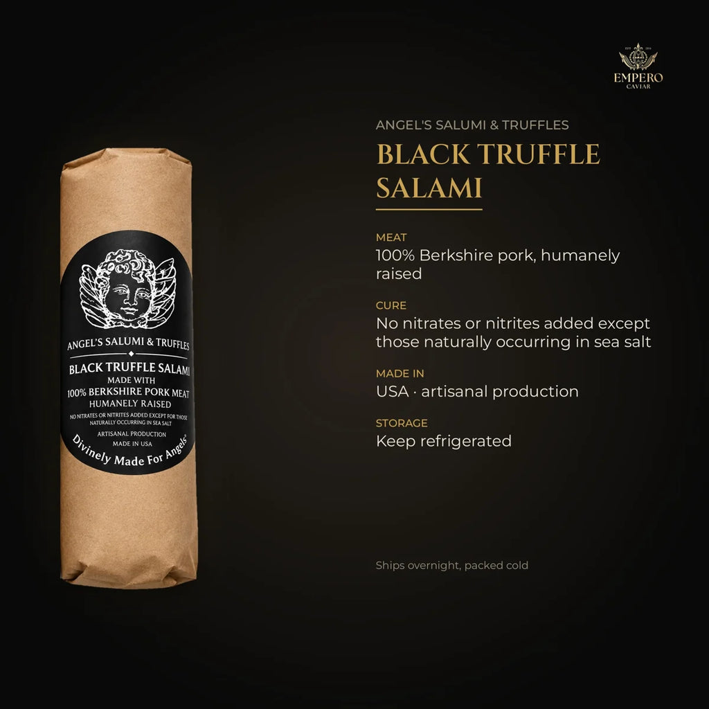 Black truffle salami details – 100% Berkshire pork, no added nitrates, made in USA