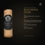 Black truffle salami details – 100% Berkshire pork, no added nitrates, made in USA
