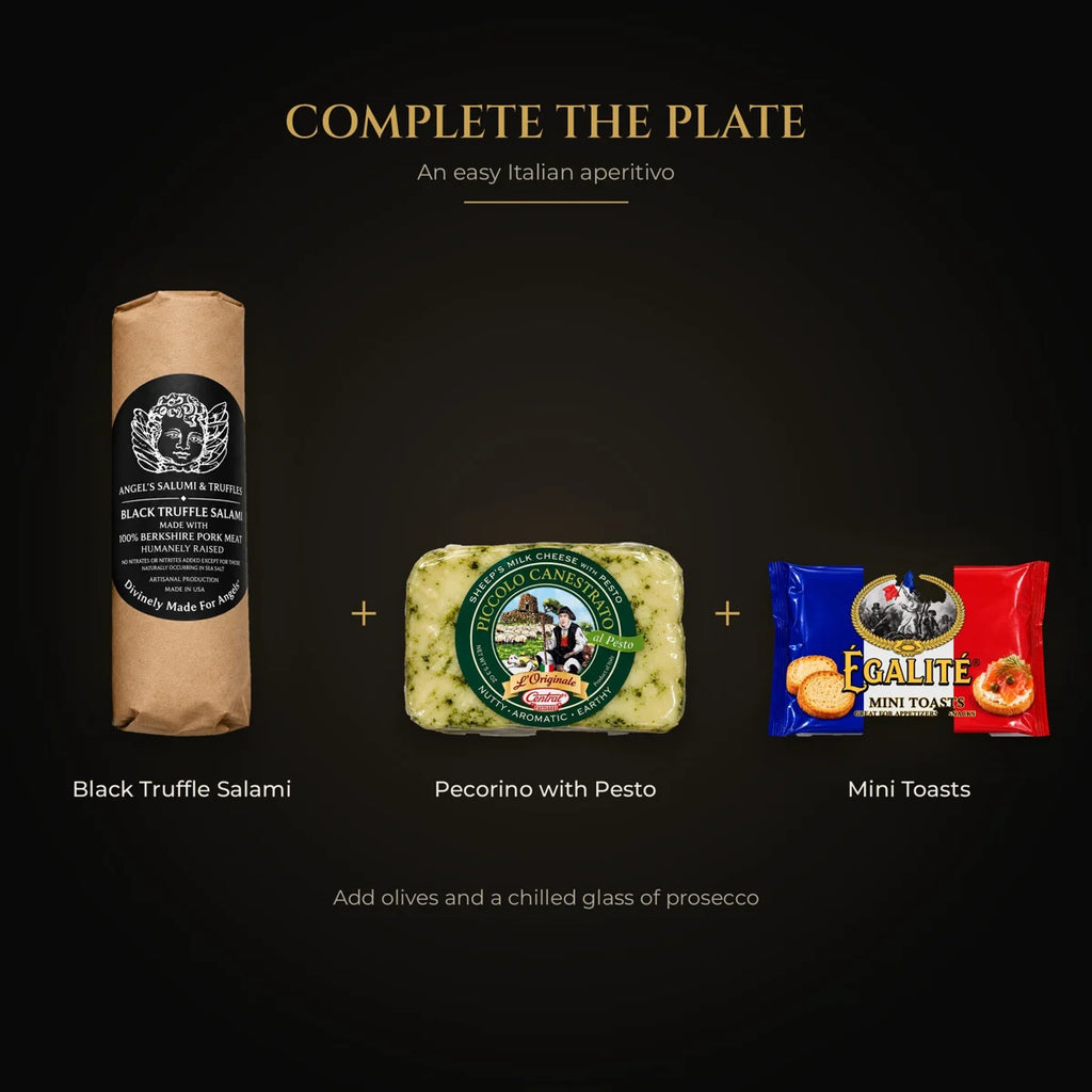Italian aperitivo: black truffle salami, pecorino with pesto and mini toasts