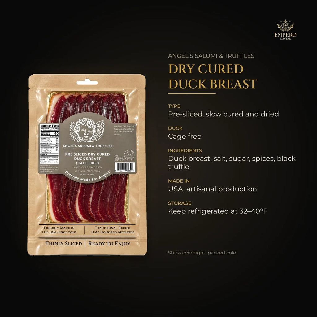 Dry-cured duck breast details – cage free, black truffle, made in USA