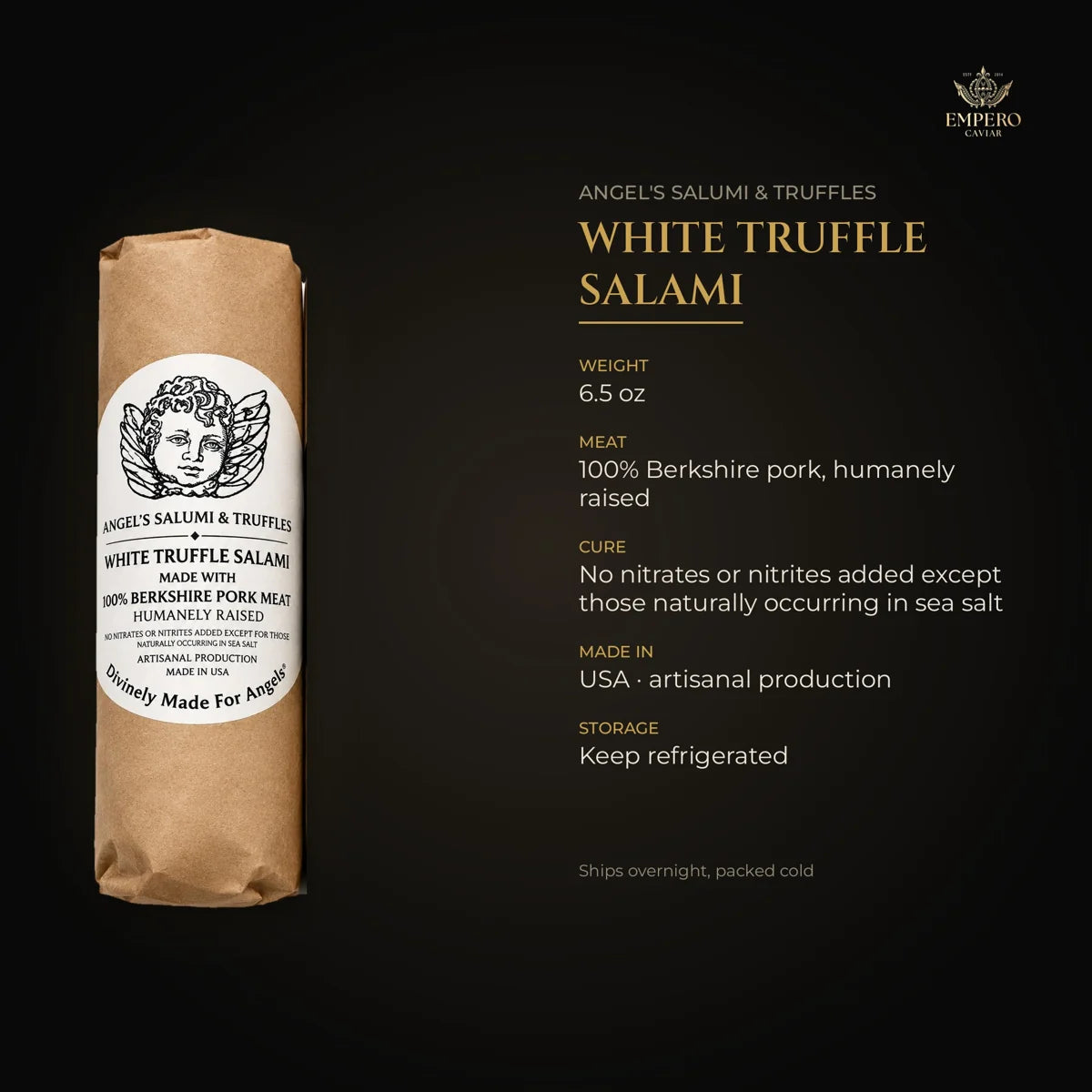 White truffle salami details – 100% Berkshire pork, no added nitrates, made in USA