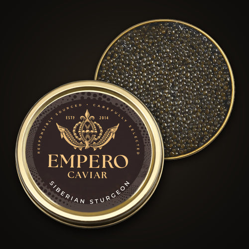 Baerii Sturgeon Caviar — Empero Caviar tin with the lid off, showing the pearls