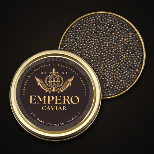 Baerii Sturgeon Classic Caviar — Empero Caviar tin with the lid off, showing the pearls
