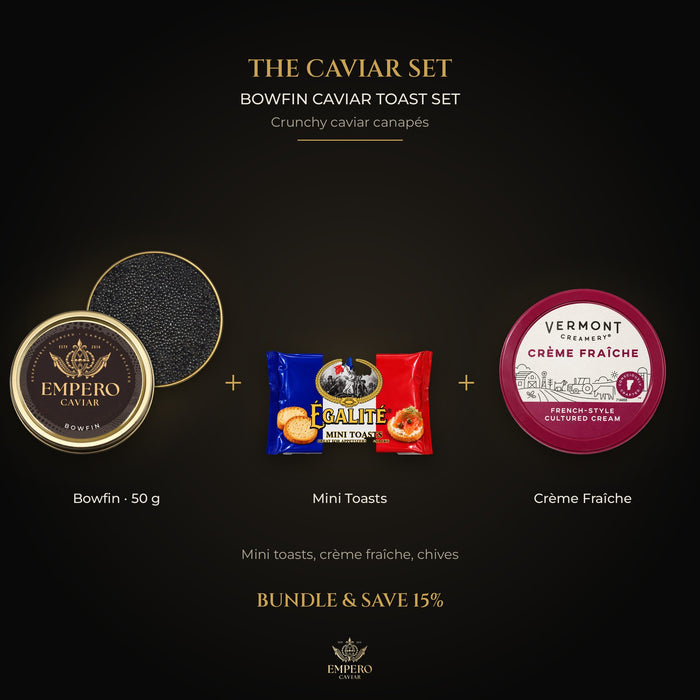Bowfin Caviar Toast Set: Bowfin Caviar, Égalité Mini Toasts, Vermont Creamery Crème Fraîche – caviar set, 15% off