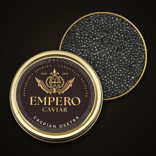 Caspian Osetra Caviar — Empero Caviar tin with the lid off, showing the pearls