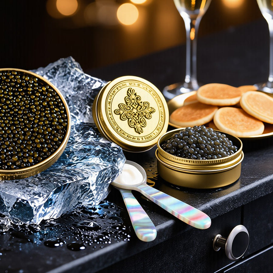 Private caviar tasting table with two caviar tins, blinis and champagne