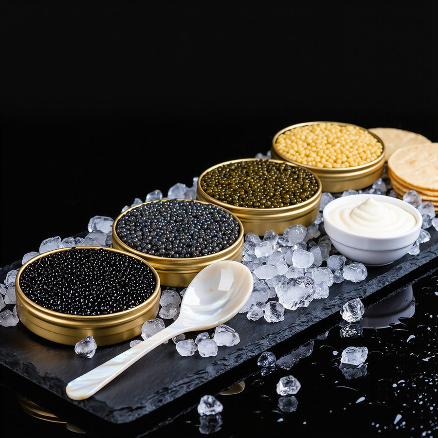 Grand caviar flight: five open caviar tins of different caviars on a slate with a mother-of-pearl spoon