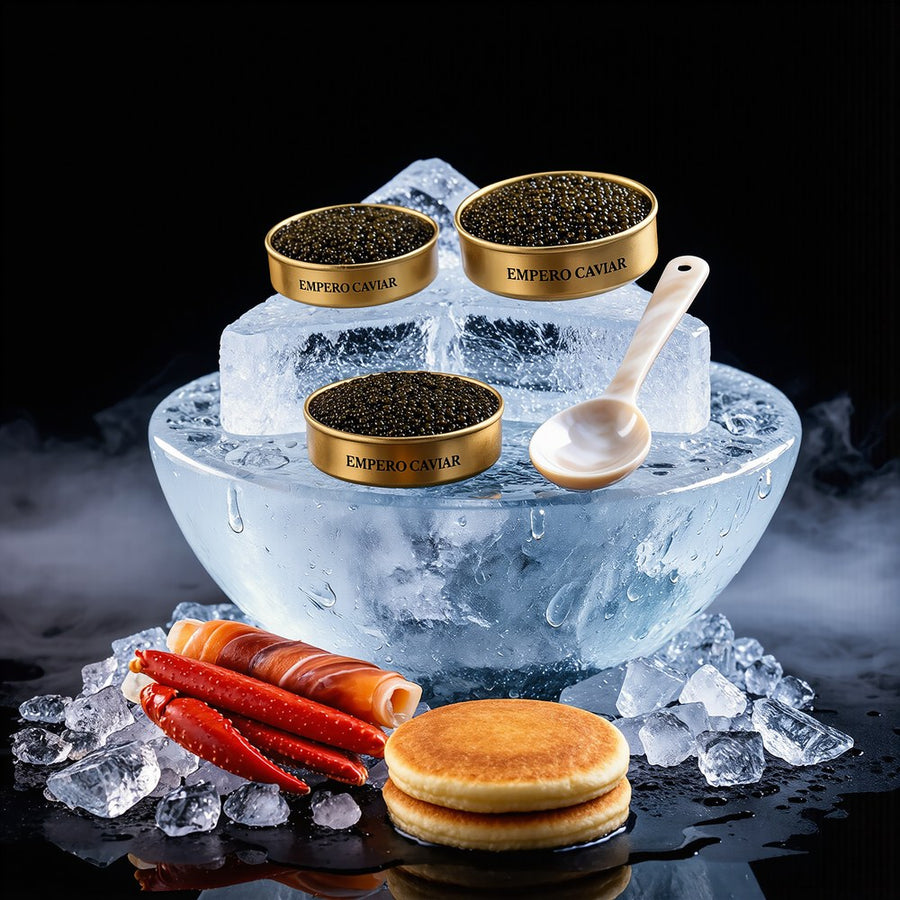 Caviar ice bar with Empero caviar tins on carved ice