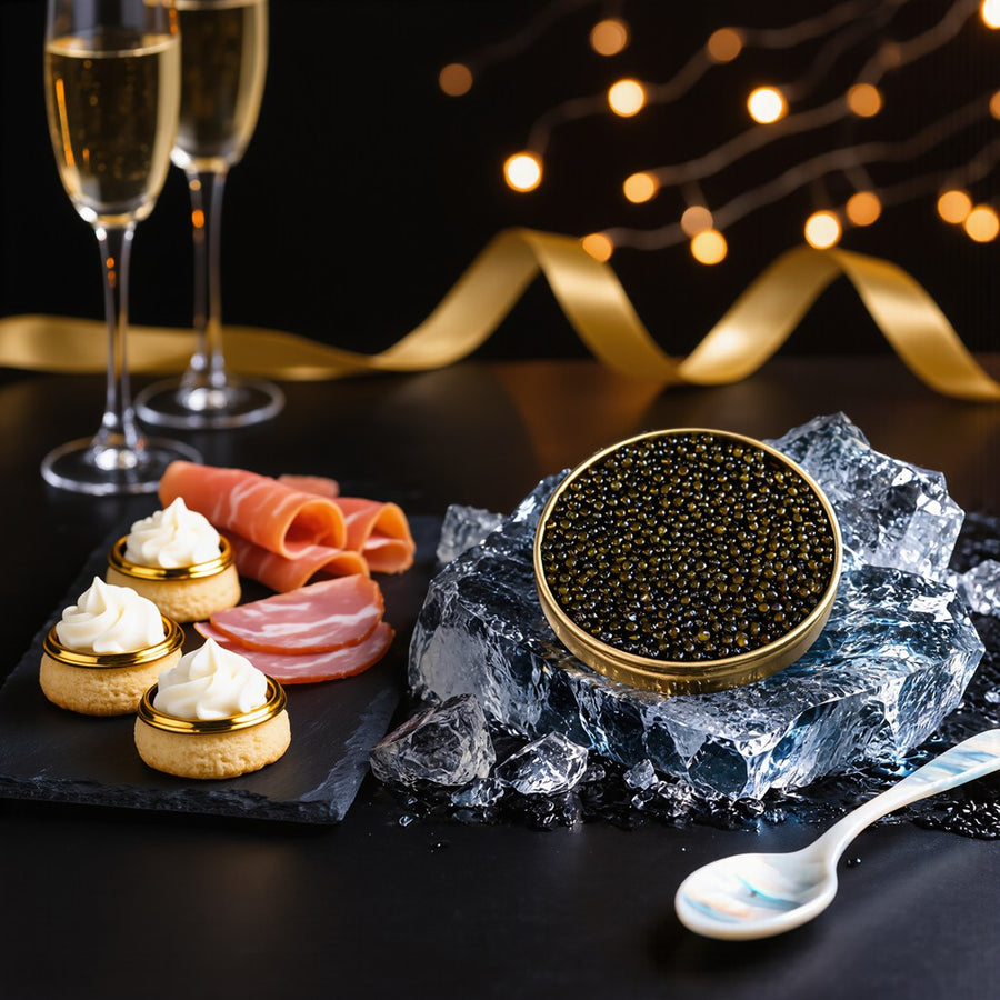 Holiday caviar party set-up with caviar on ice, blinis and champagne flutes