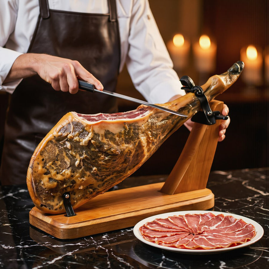 Carver slicing a whole leg of jamón ibérico on a holder