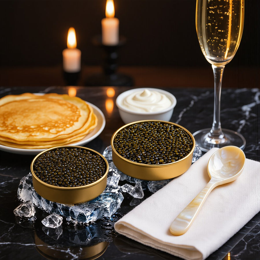 Caviar tins with blinis and crème fraîche on a marble table