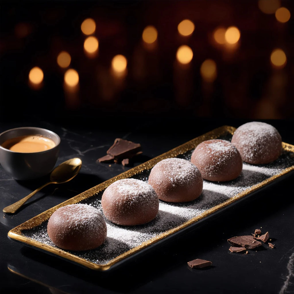 Chocolate mini mochi served on a black plate with espresso