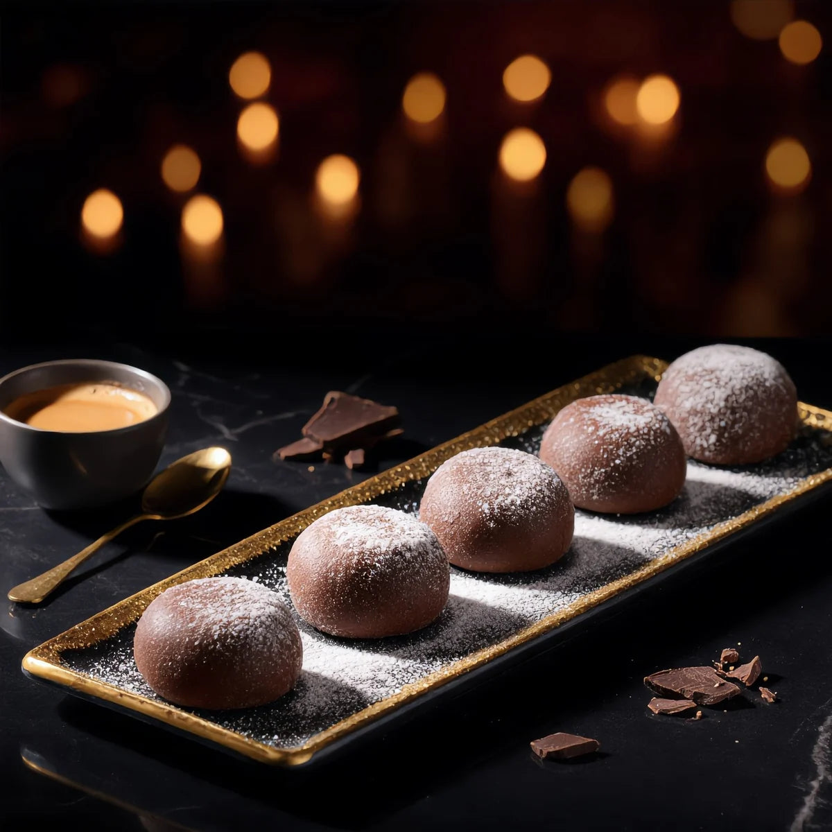 Chocolate mini mochi served on a black plate with espresso