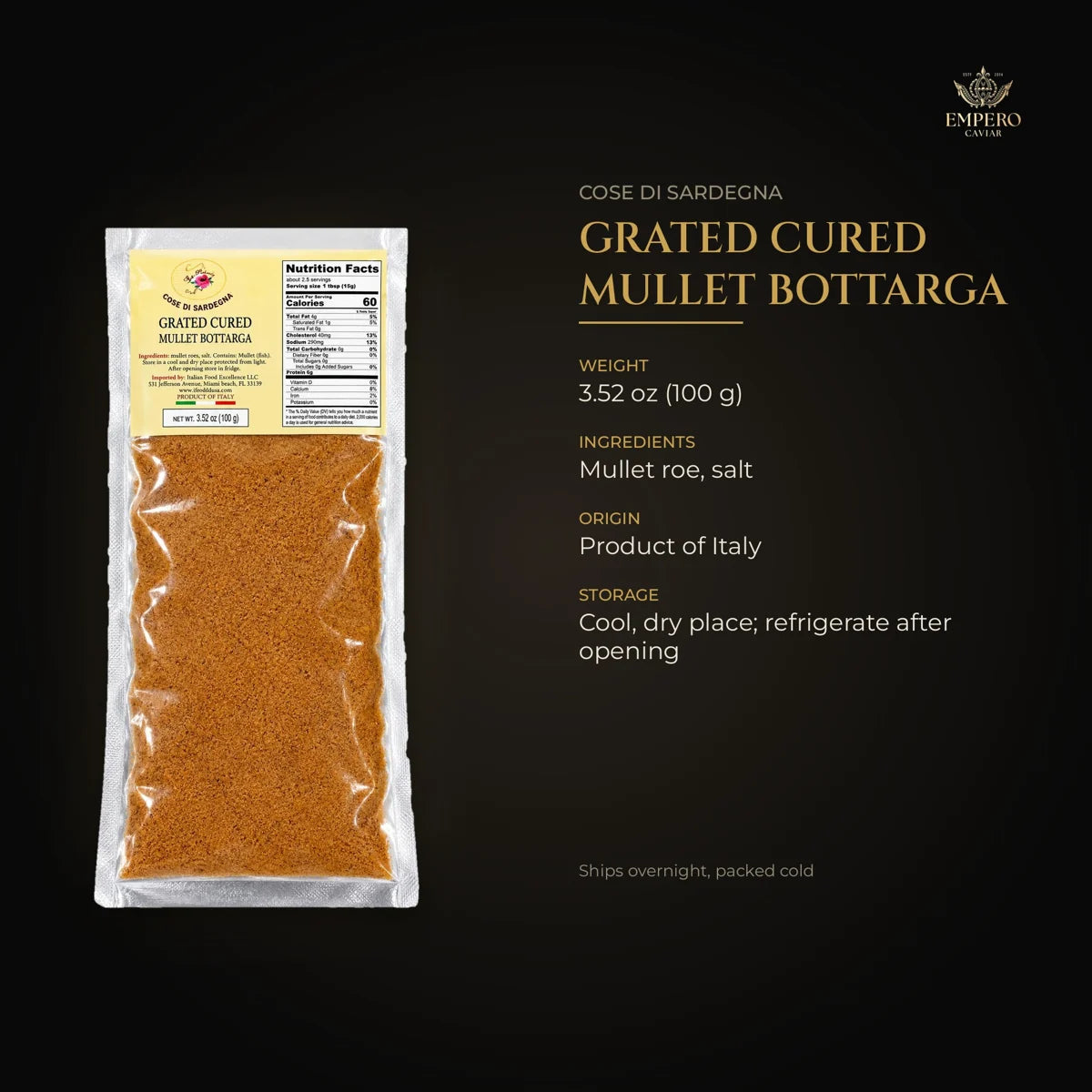 Grated cured mullet bottarga details – mullet roe and salt, product of Italy