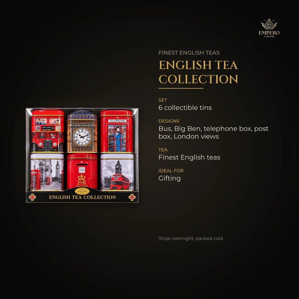 English tea gift set details – 6 tins, London designs, finest English teas