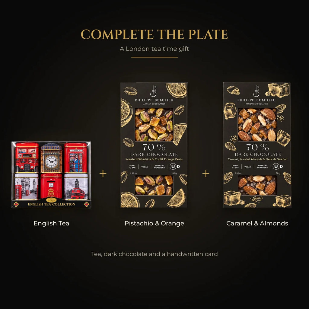London tea time gift: English tea collection and two dark chocolate bars