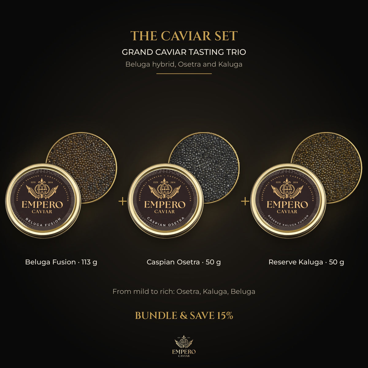 Grand Caviar Tasting Trio: Beluga Fusion Caviar, Caspian Osetra Caviar, Empero Reserve Kaluga Fusion Caviar – caviar set, 15% off