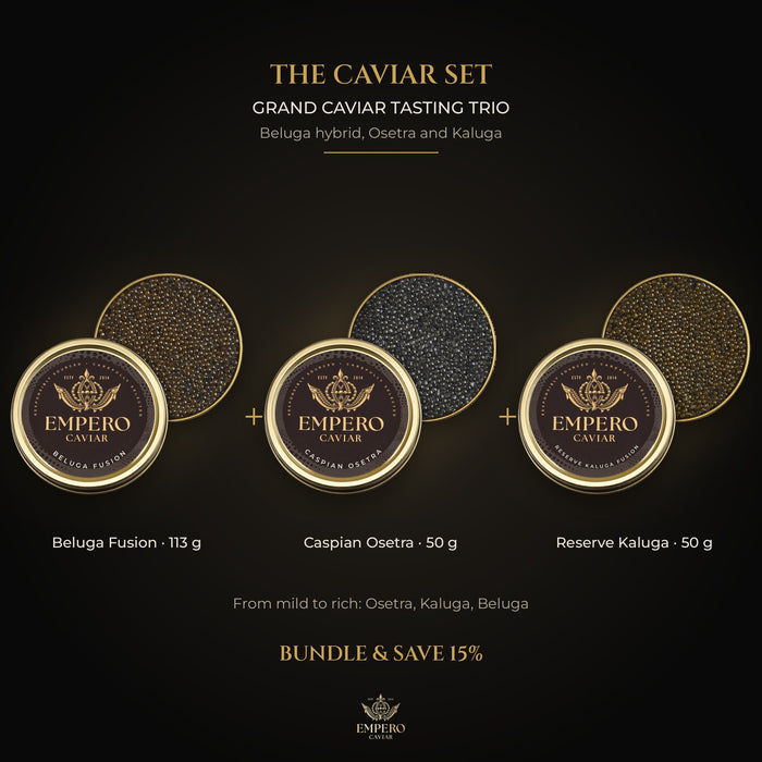 Grand Caviar Tasting Trio: Beluga Fusion Caviar, Caspian Osetra Caviar, Empero Reserve Kaluga Fusion Caviar – caviar set, 15% off