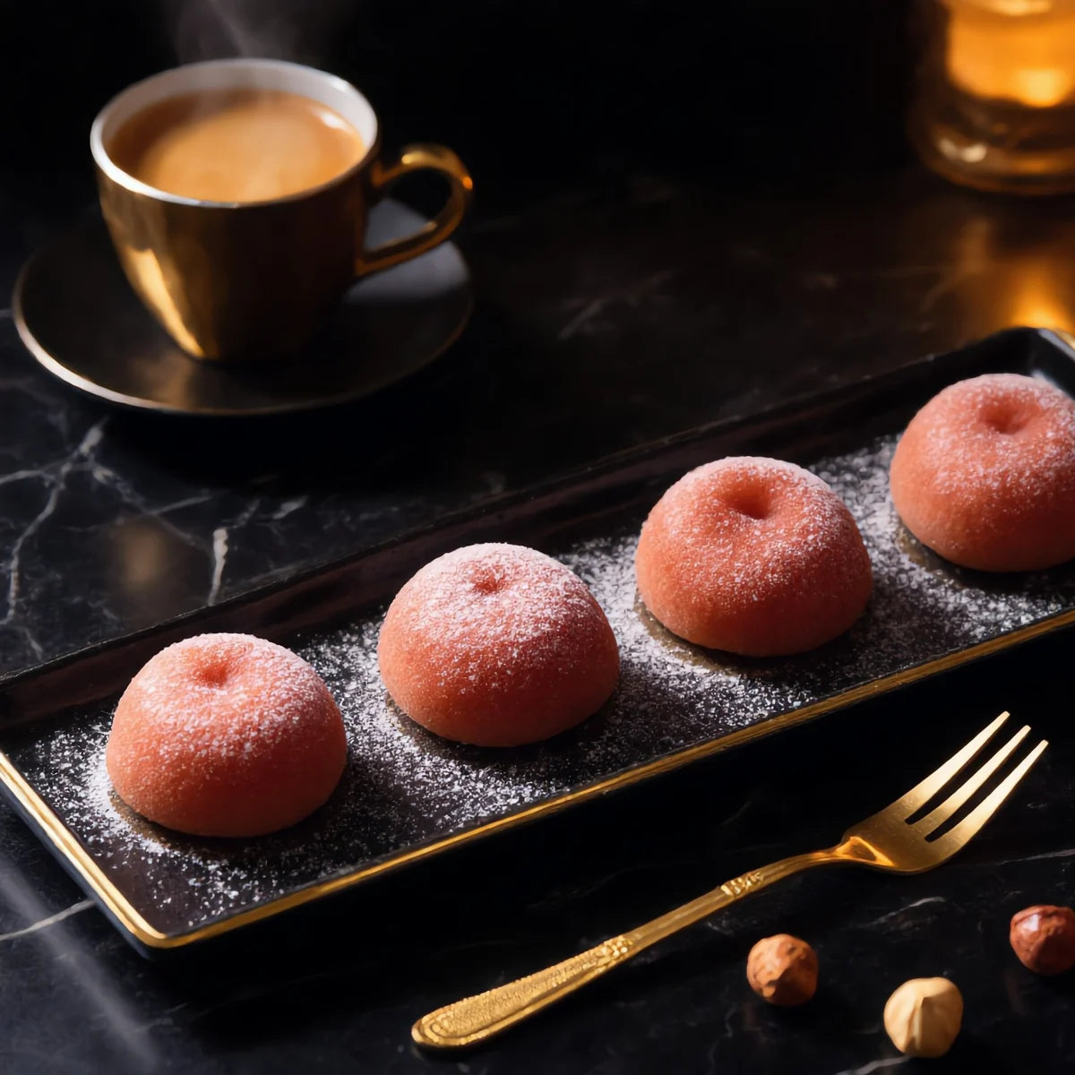 Hazelnut mini mochi served on a black plate with espresso